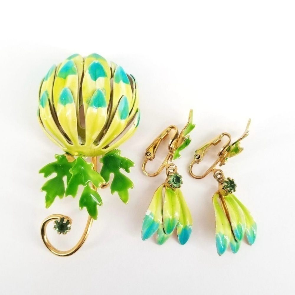 Vintage Botticelli Green Blue Yellow Enamel Floral Leaf Brooch Pin And Earrings